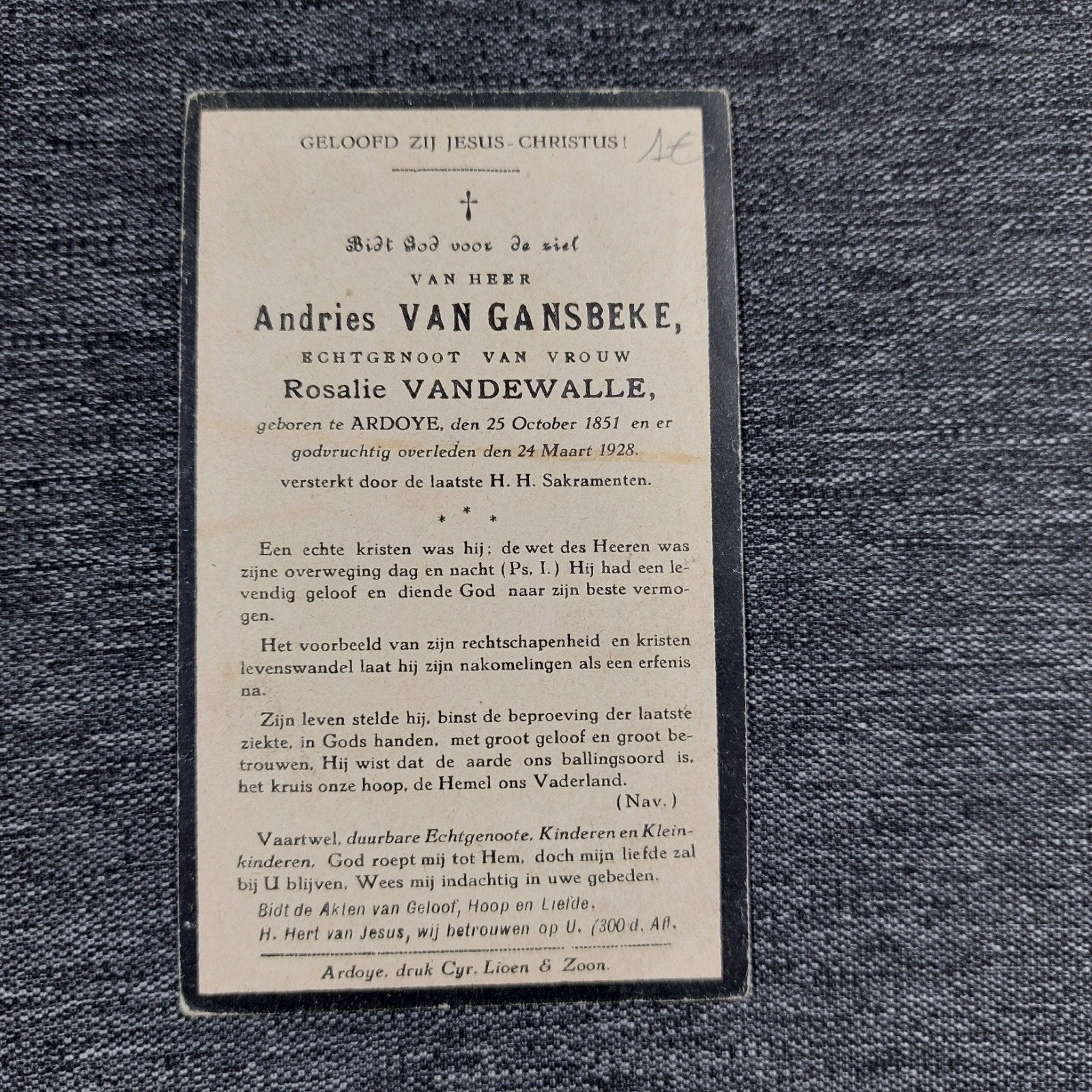 Oud bidprentje Ardooie 1851/1928, Verzamelen, Bidprentjes en Rouwkaarten, Ophalen of Verzenden, Bidprentje