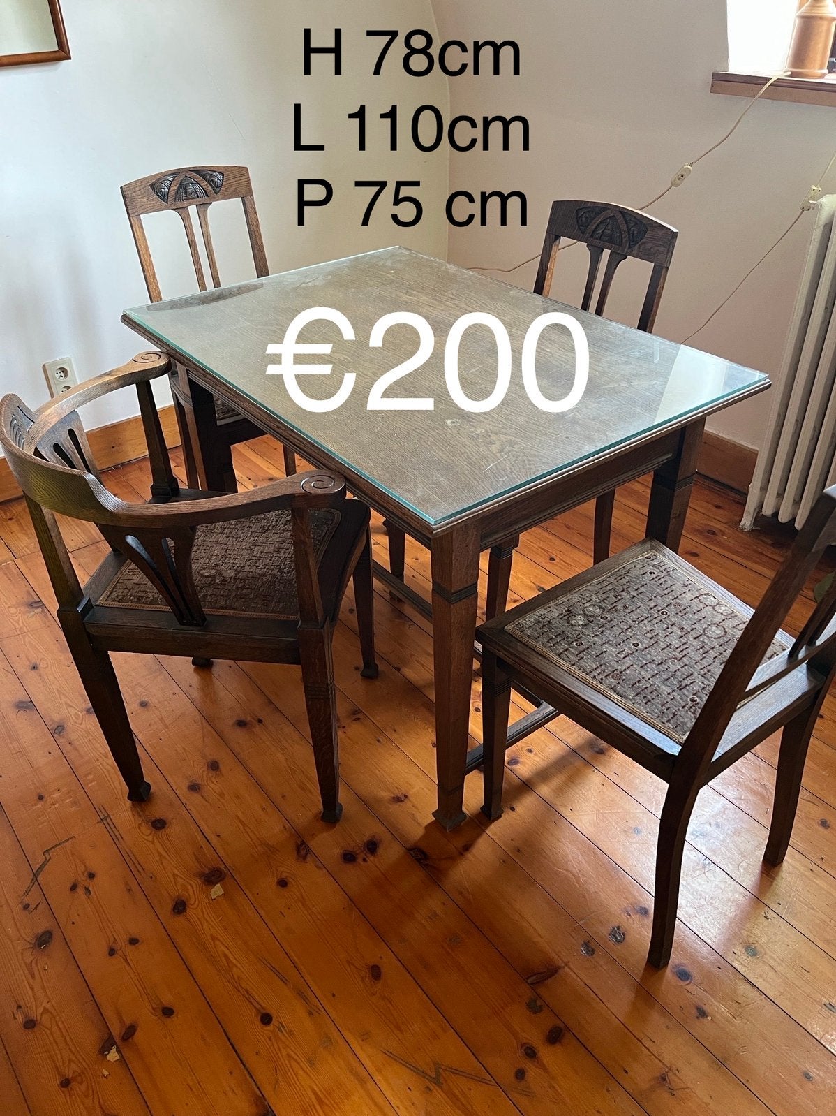 Houten eettafel + set van 4 stoelen, Huis en Inrichting, Complete eetkamers, Ophalen, Gebruikt, Art Nouveau, 4 tot 6 stoelen