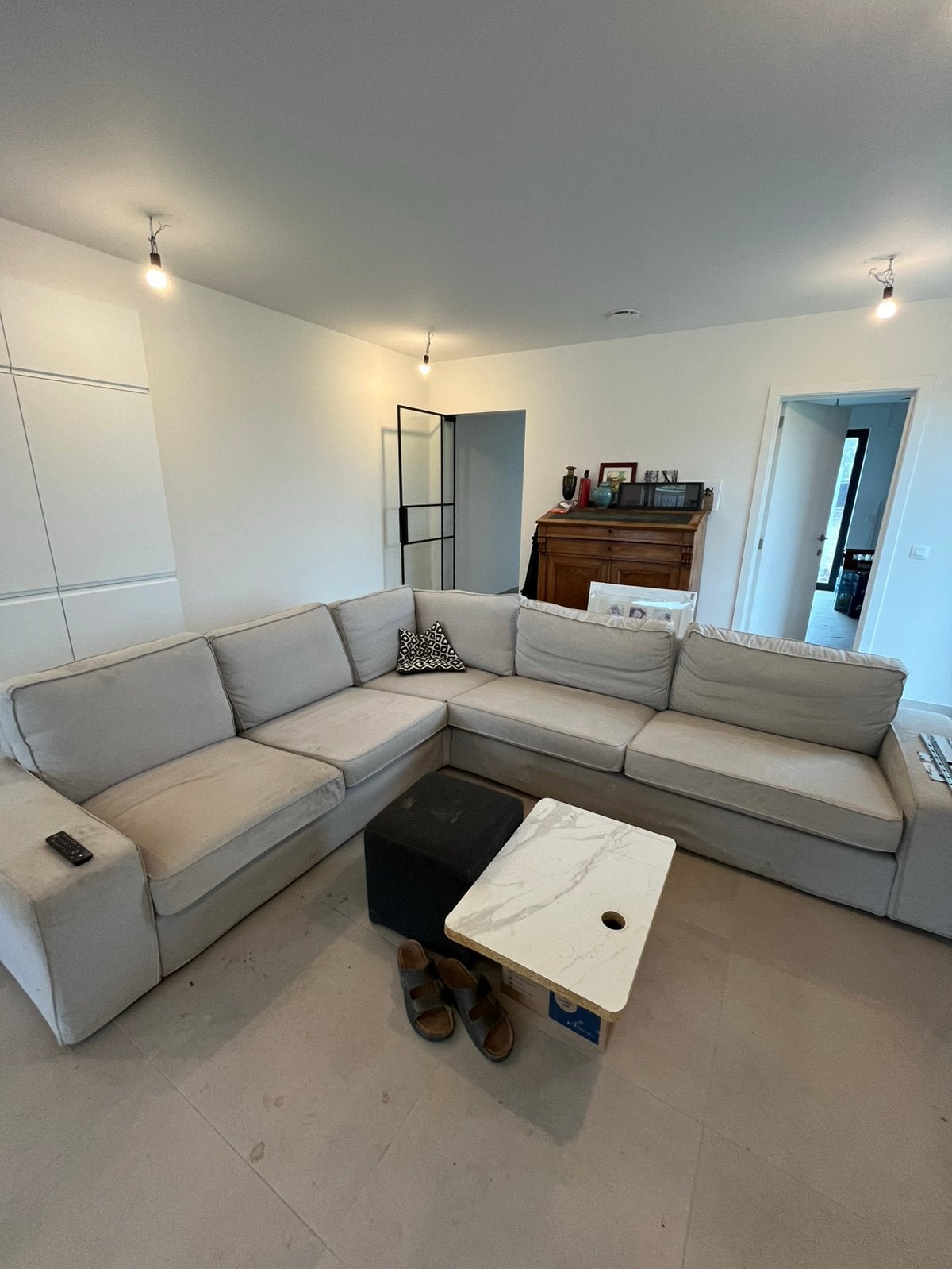 Hoekzetel in beige stof, Ophalen, Gebruikt, Stof, Hoeksalon