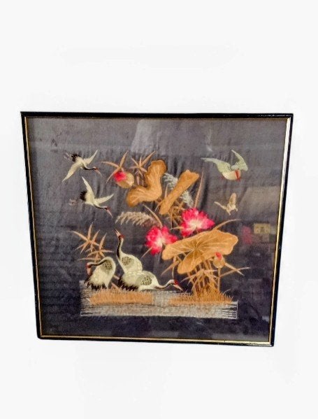 Tableau broderie bird en soie, Antiquités & Art, Envoi, Tableau