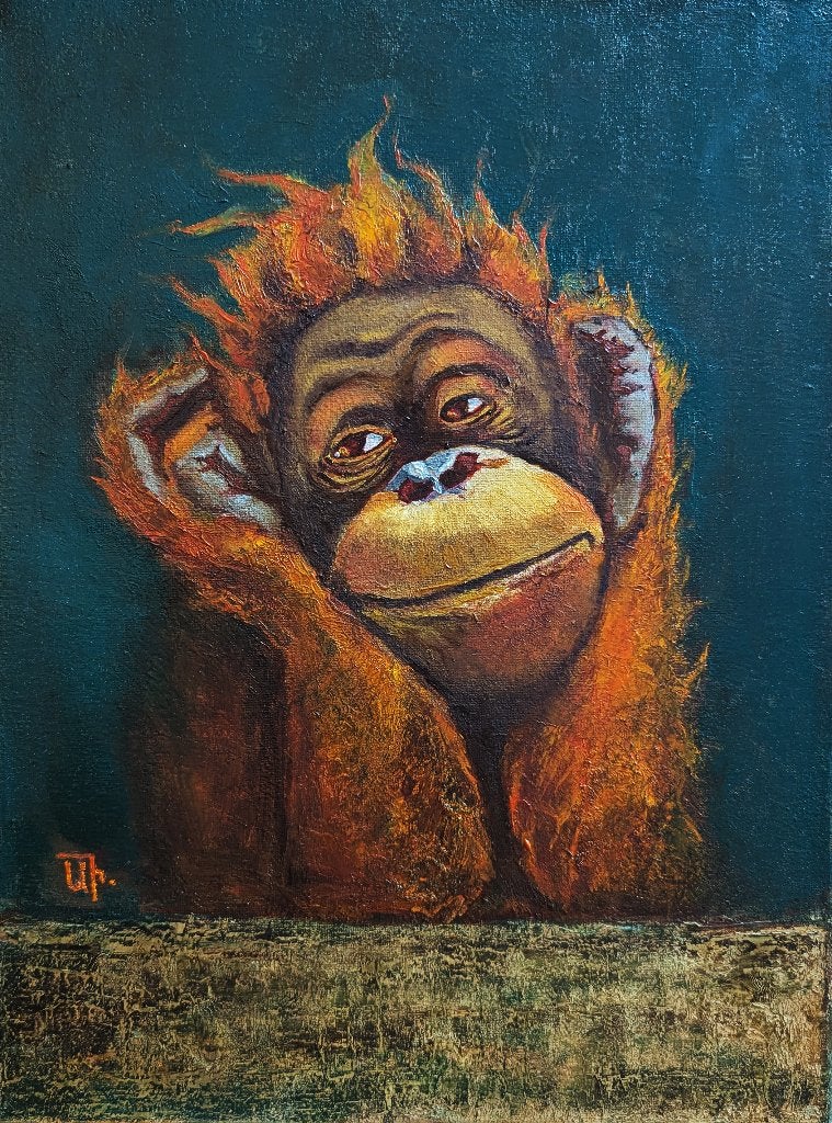 "Orang-oetan. Reflecties over het leven.", Antiek en Kunst, Handgeschilderd, Verzenden, Dieren, Olieverf