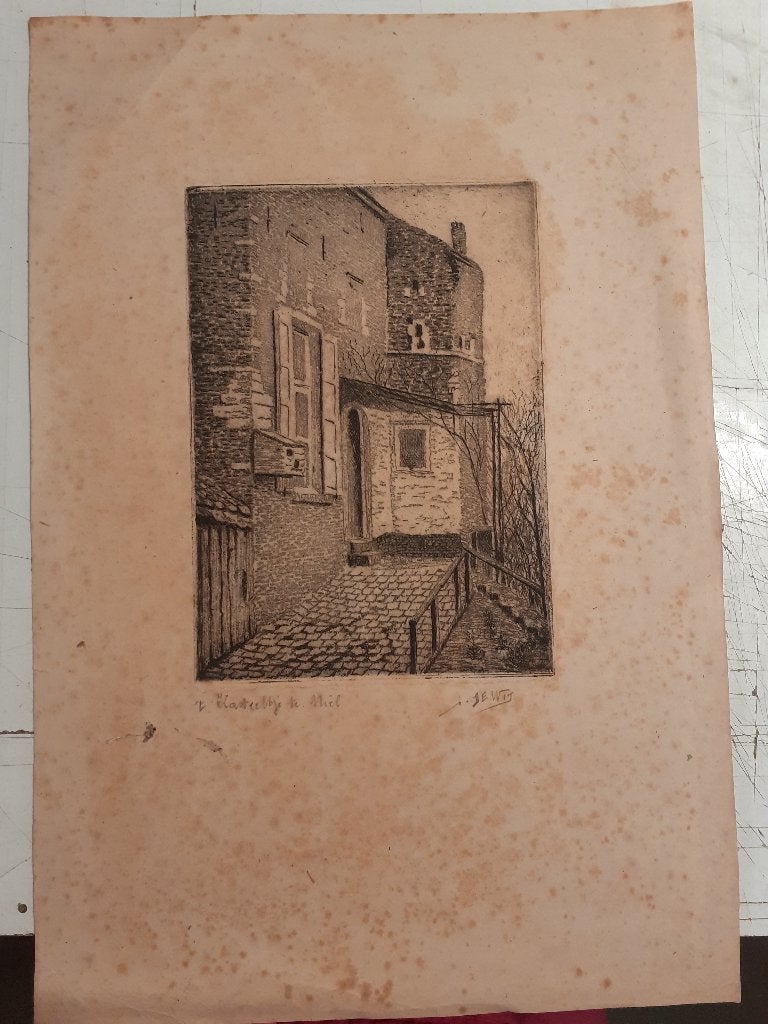 Oude ets - zonder kader, Ets, Architectuur, Ophalen of Verzenden, Gesigneerd