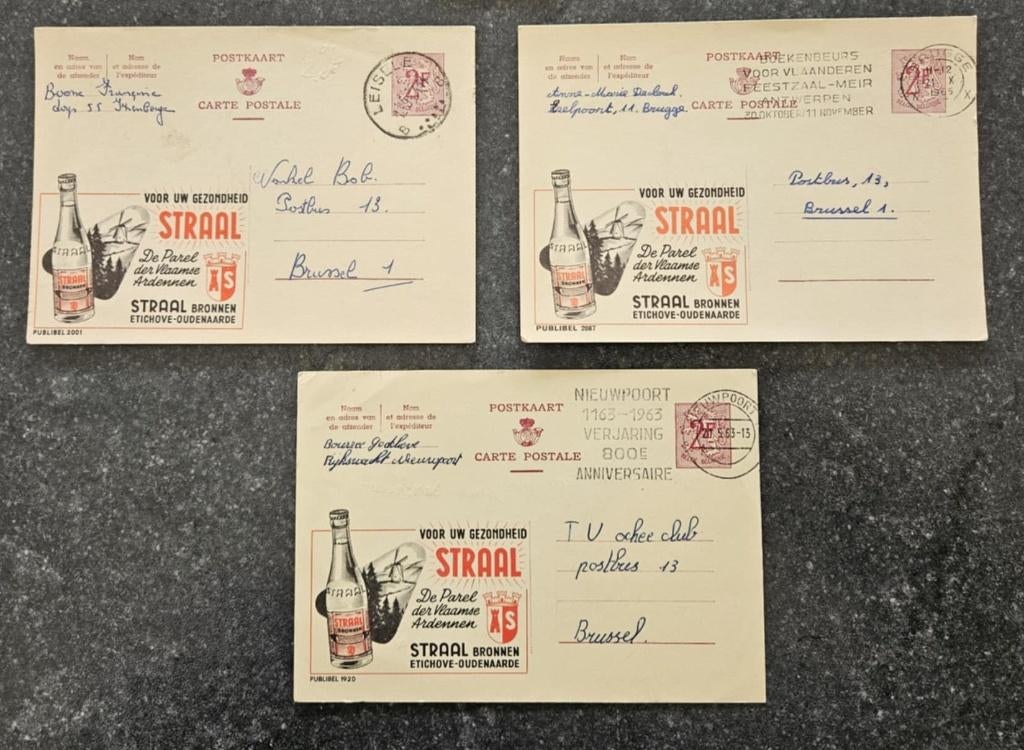 3 oude gele postkaarten met STRAAL reclame, Ophalen