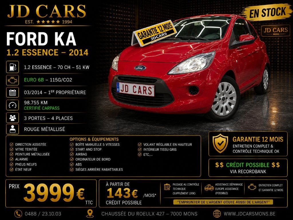 FORD KA 1.2 ESSENCE ‼️GARANTIE 1 AN CTOK‼️, Rouge, Achat, Euro 6, Entreprise