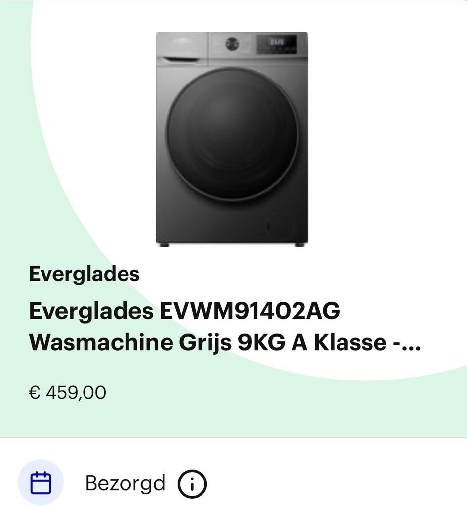 Everglades wasmachine grijs A klasse 9kg, Elektronische apparatuur, Wasmachines, Ophalen, 1200 tot 1600 toeren, 8 tot 10 kg, Zo goed als nieuw