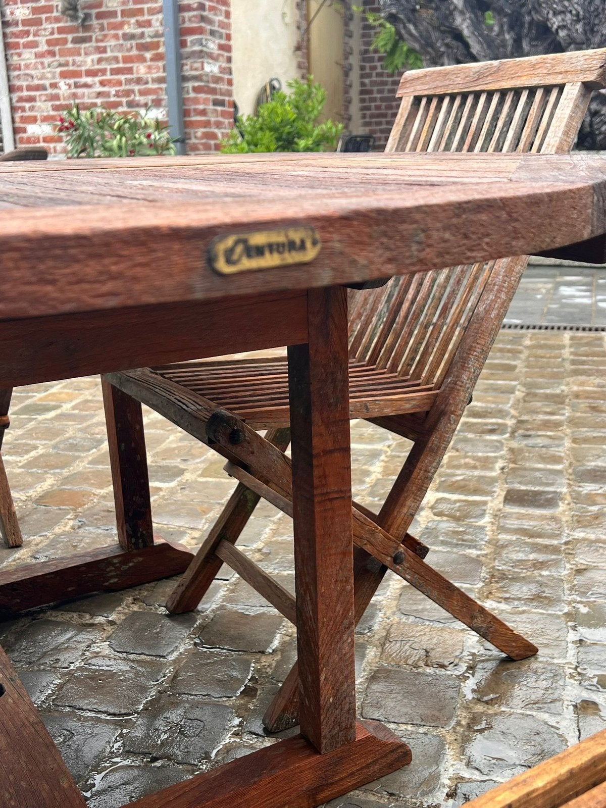 Massief teakhouten tuinset Ventura – tafel + 4 stoelen, Ophalen, Zo goed als nieuw, Hout