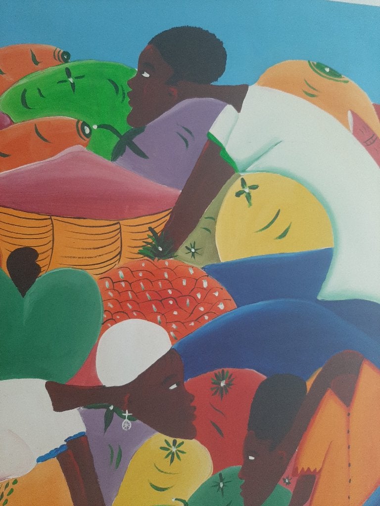 Haitiaans acryl op doek Antoine, Antiek en Kunst, Textiel, Figuren, Acrylverf, Gesigneerd