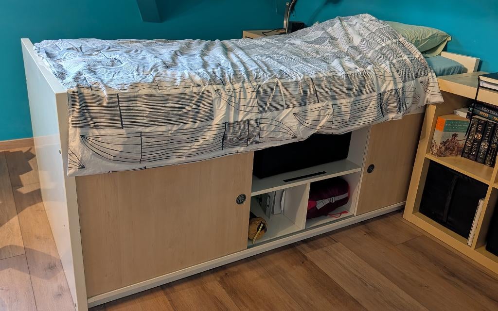 Lit mi-hauteur + sommier + matelas 90x200 + rangements, Maison & Meubles, 90 cm, Lit mi-hauteur mezzanine, Une personne, Enlèvement