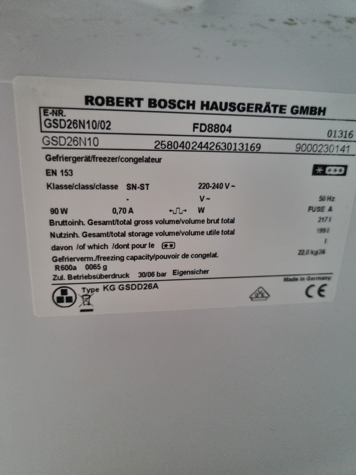 diepvries Bosh 199 liter, Elektronische apparatuur, Vriezers en Diepvrieskisten, Gebruikt, 160 cm of meer, Energieklasse A of zuiniger