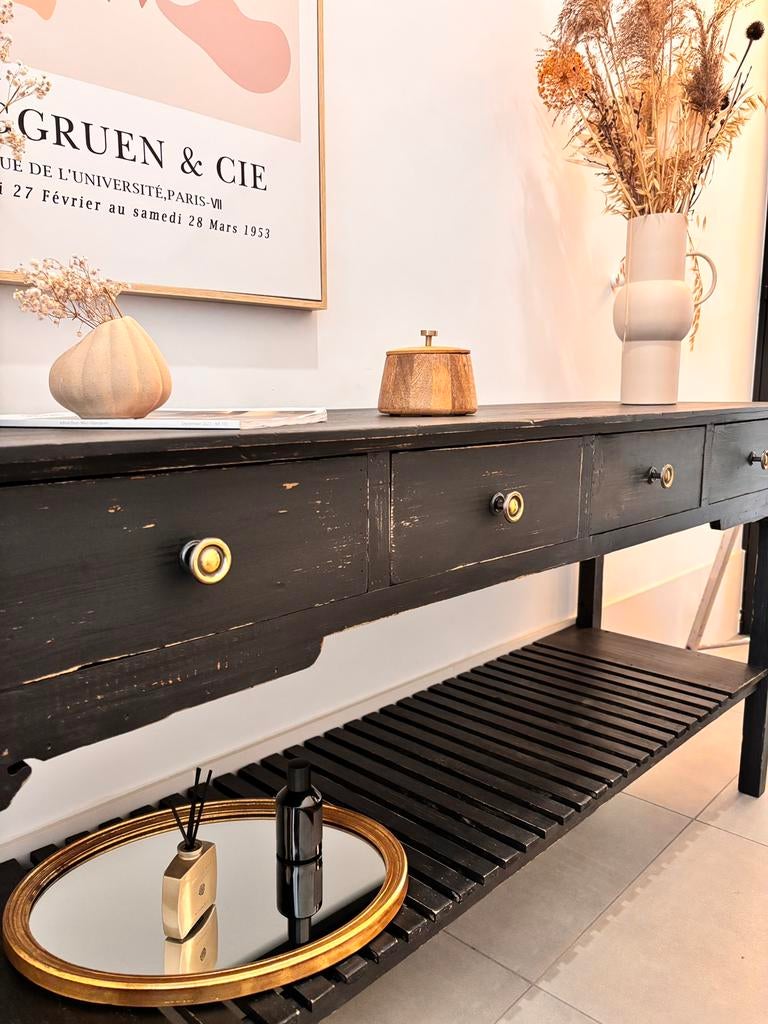 zwarte houten wandtafel consoletafel – karaktervol landelijk, Ophalen, Gebruikt, Landelijk rustiek, 150 tot 200 cm