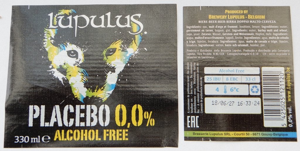 Étiquette de bière Lupulus placebo 0,0% Bras. Lupulus 13t2, Collections, Envoi, Utilisé