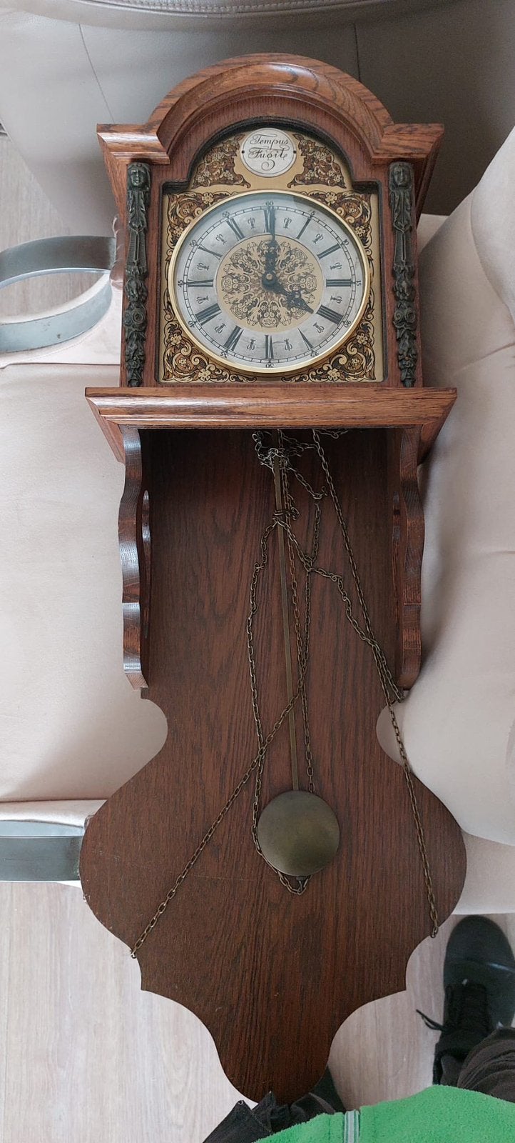 Vintage houten regulateur wandklok - Tempus Fugit, Antiek en Kunst, Ophalen of Verzenden, Koper