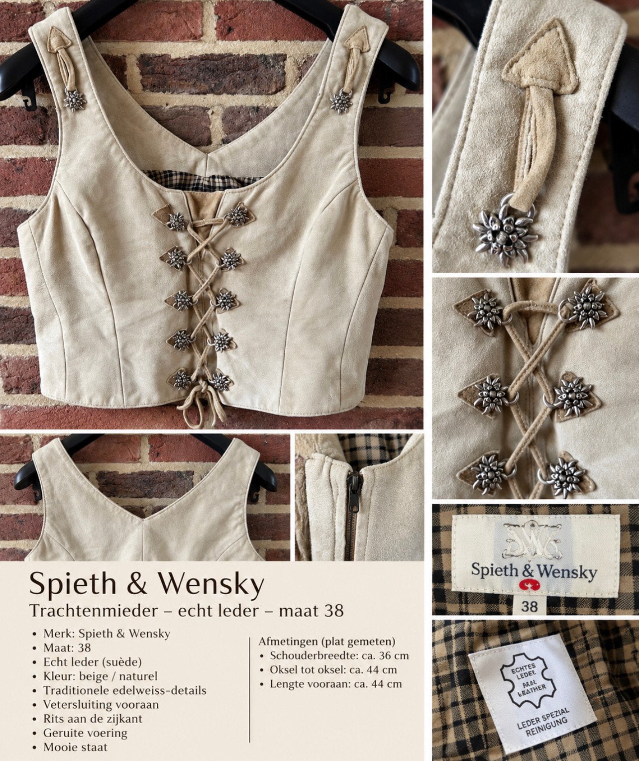 Spieth & Wensky lederen Trachtenmieder – maat 38, Maat 38/40 (M), Overige typen, Beige, Ophalen of Verzenden