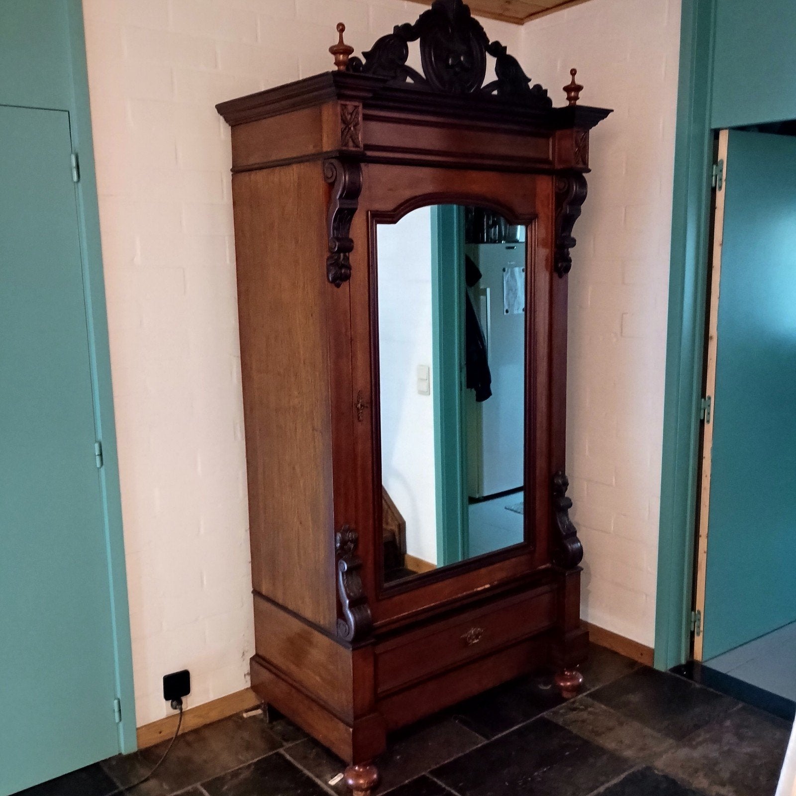 Armoire ancienne avec grand miroir et tiroir, Enlèvement, Rectangulaire, 100 à 150 cm, 200 cm ou plus