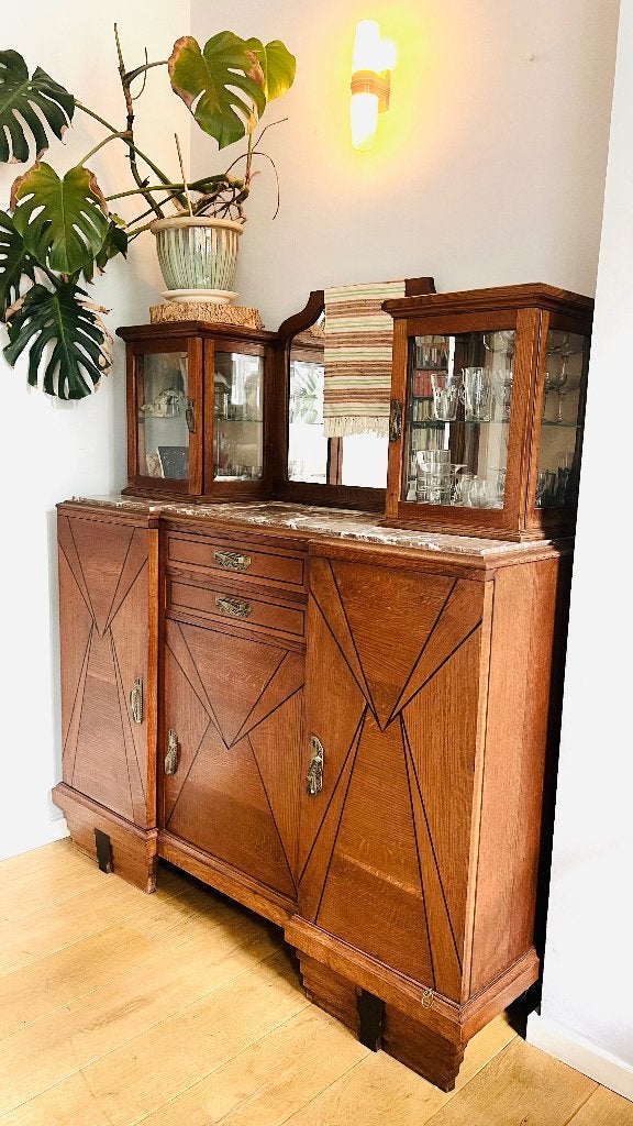 Art deco 1920-1930 eiken buffetkast, vitrinekast, marmer, Antiek en Kunst, Antiek | Meubels | Kasten, Ophalen