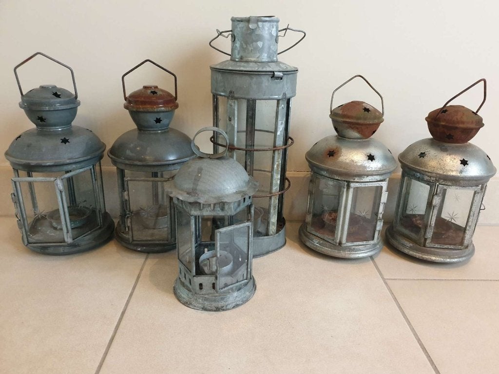 6x vintage metaal staal theelicht houder lantaarn gebruikt, Huis en Inrichting, Ophalen, Zwart, Metaal, Lantaarn
