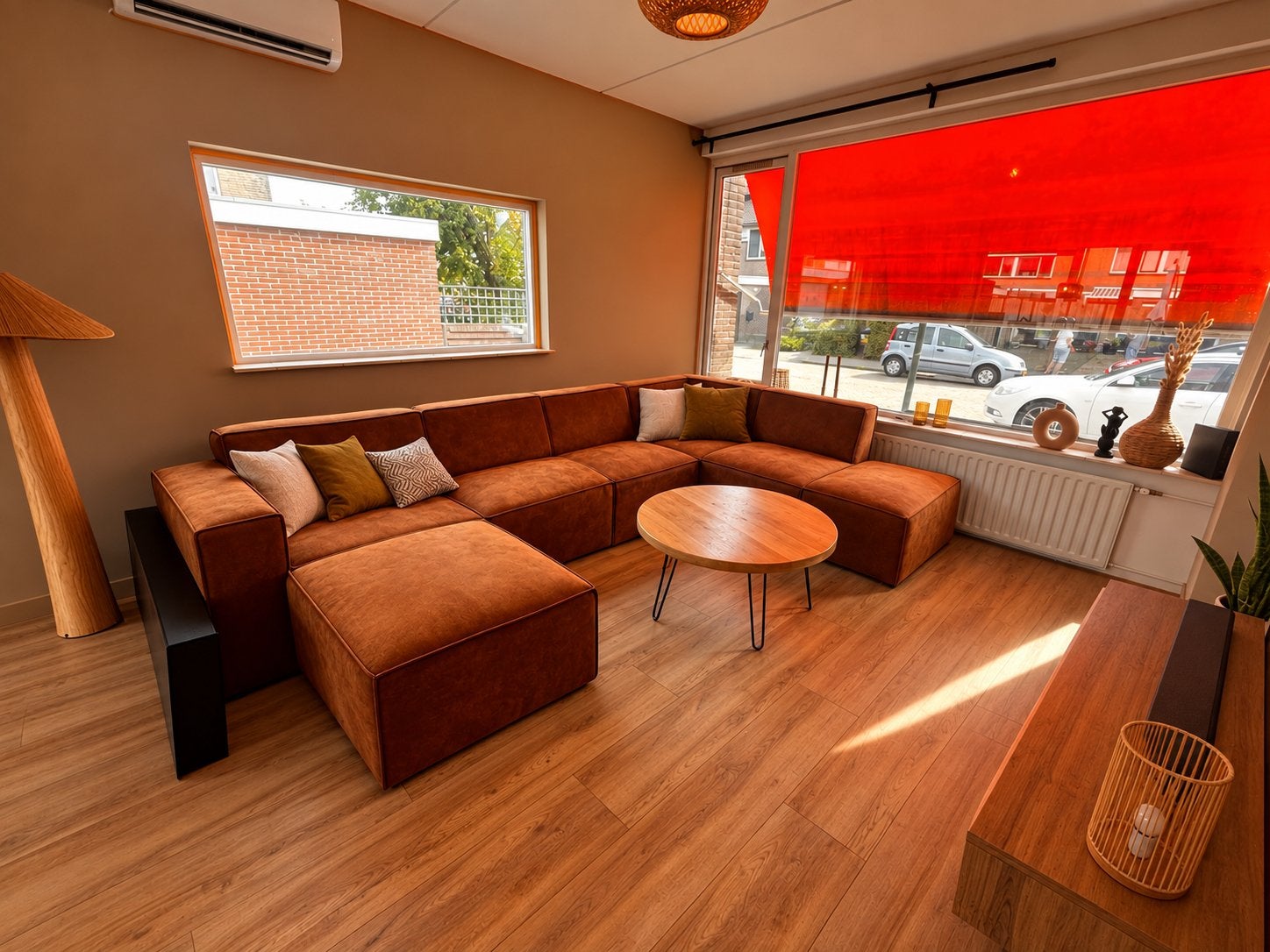 Grote hoekbank met Chaise longue - Bruin/Cognac, Ophalen, 300 cm of meer, Zo goed als nieuw, Vierpersoons of meer