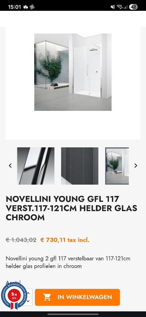NOVELLINI YOUNG draaideur douche, Doe-het-zelf en Bouw, Sanitair, Nieuw, Douche, Chroom, Glas, Ophalen