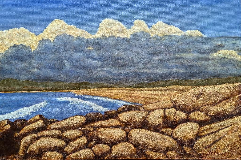 Peinture « Plage secrète derrière un tas de rochers », Antiquités & Art, Art | Peinture | Moderne, Envoi