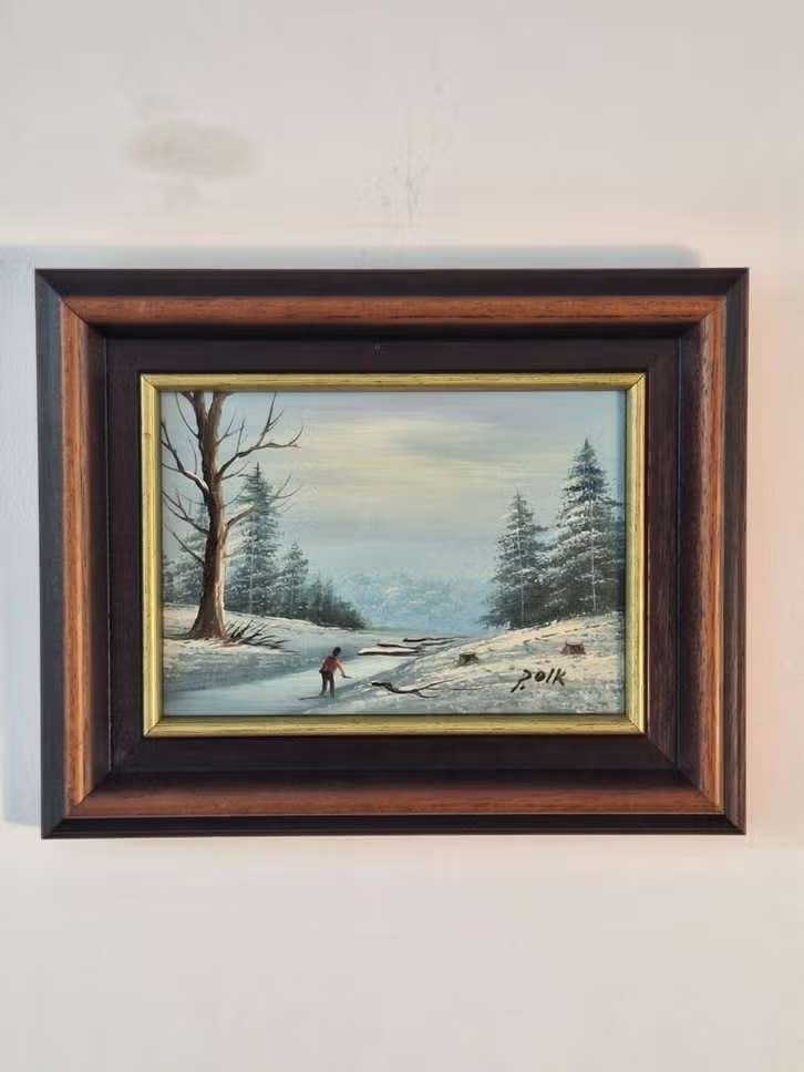 Schilderij Winterlandschap met Schaatsers - Gesigneerd Polk, Doek, Realistisch, Ophalen of Verzenden, Gesigneerd