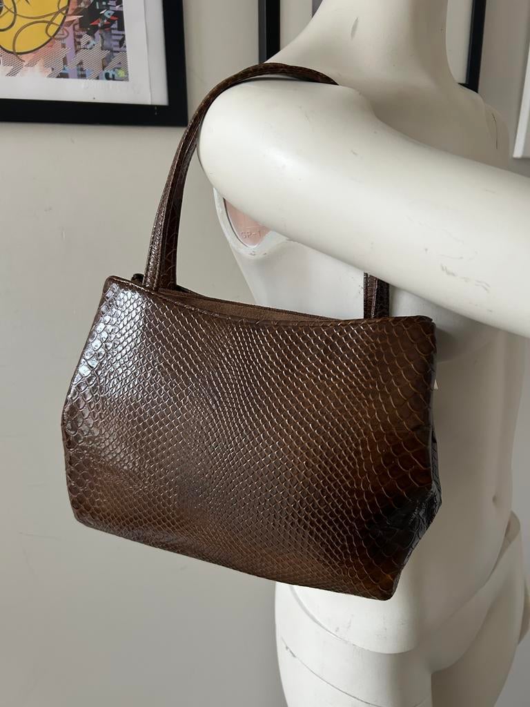 LH vintage leren handtas met slangenreliëf, Ophalen of Verzenden, Zo goed als nieuw, Bruin, Handtas