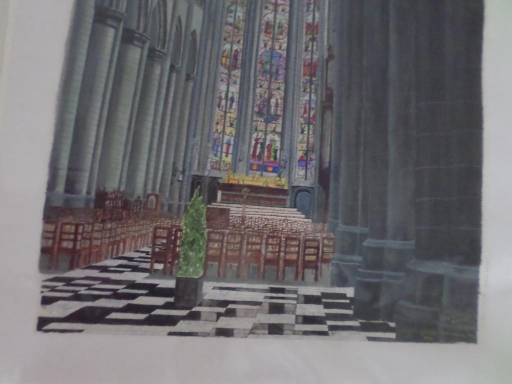 Aquarelle Nef Collégiale Notre-Dame Huy vitraux Didier Damas, Enlèvement ou Envoi
