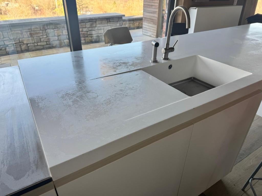 Prachtig Corian werkblad, ingebouwde spoelbak, verlengstuk, Ophalen, 100 tot 150 cm, 75 cm of meer, Wit