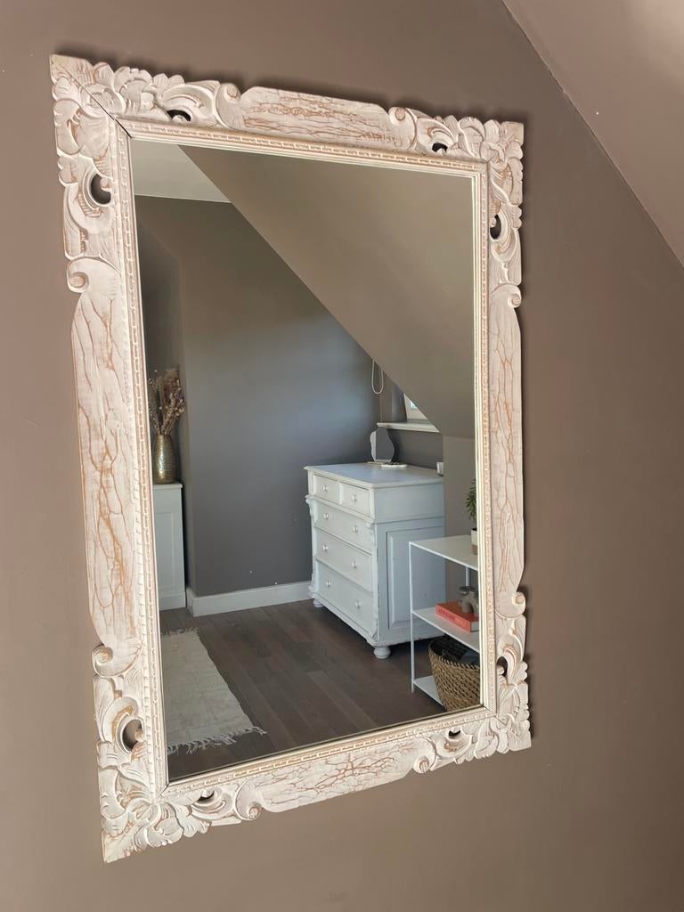 Witte houten spiegel, Huis en Inrichting, Ophalen, 100 tot 150 cm, Zo goed als nieuw, 75 tot 100 cm
