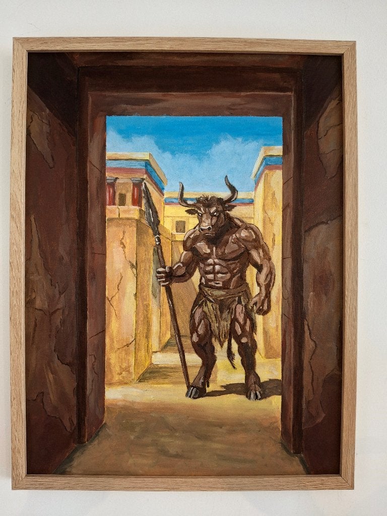 Tableau du Minotaure à Knossos, Portrait ou Personnes, Peinture acrylique, Signé, Enlèvement