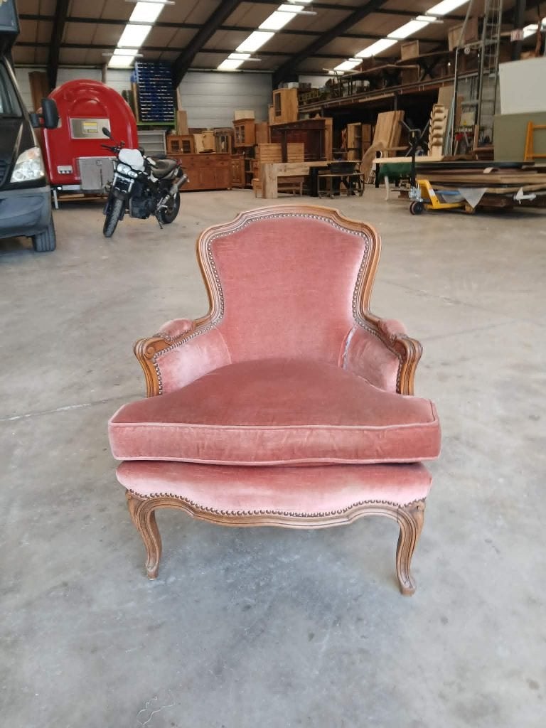 Franse Louis XV Bergère Fauteuil – Massief eiken Frame, Huis en Inrichting, Stoelen, Gebruikt, Eén, Hout, Stof, Overige materialen