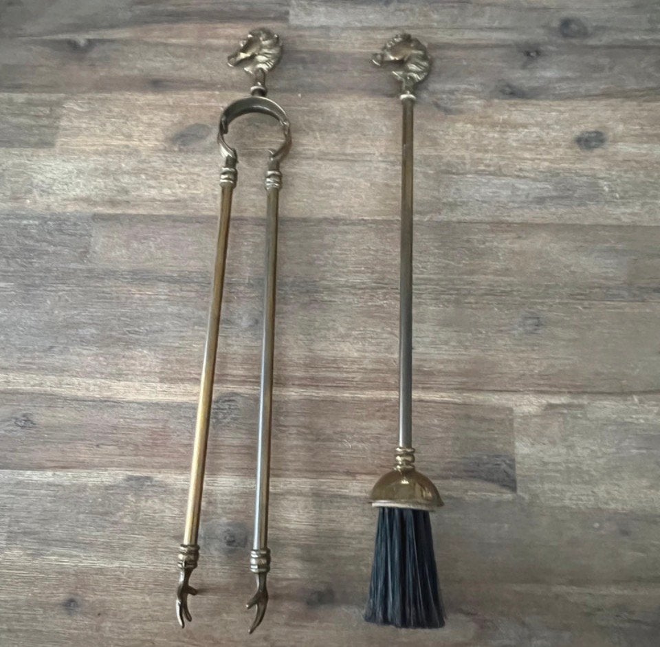 Vintage messing haardgereedschap ( haardtang en een borstel), Ophalen of Verzenden, Gebruikt