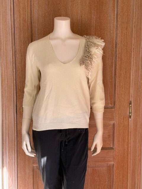Witte wollen pull Twinset met zijden versiering - maat XL, Twinset, Wit, Maat 46/48 (XL) of groter, Ophalen of Verzenden