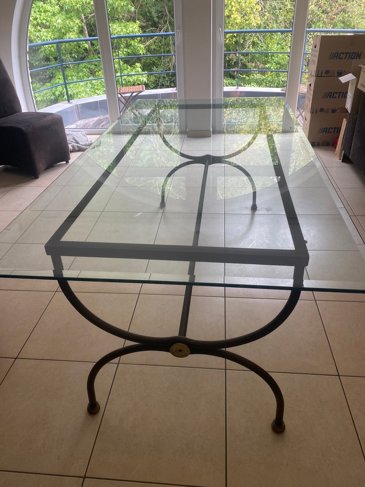Table en fer forgé avec vitre biseautée, Maison & Meubles, Enlèvement, Utilisé, Brun, Métal