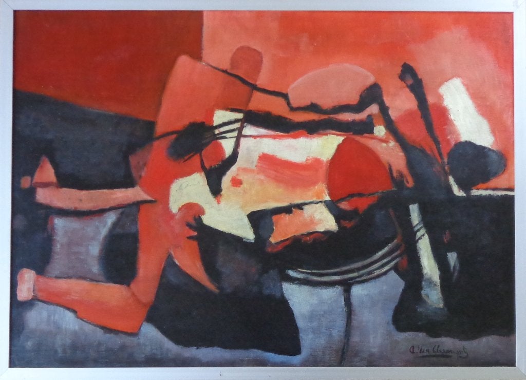 A. VAN CLEEMPUT / RODE ABSTRACTIE / OLIEVERF 77x105cm KADER, Ophalen