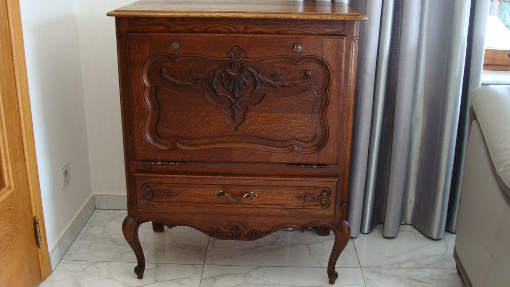 Ancien meuble bar en chêne avec éclairage et grand miroir, Antiquités & Art, Enlèvement
