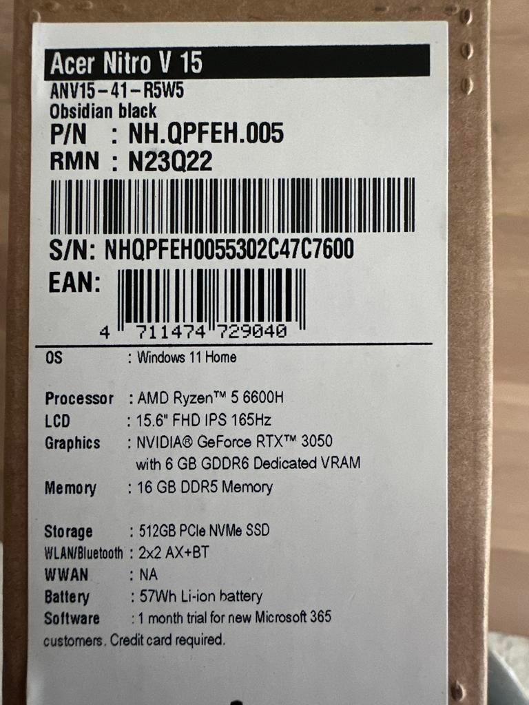ACER NITRO gaminglaptop, Enlèvement, Neuf, 15 pouces