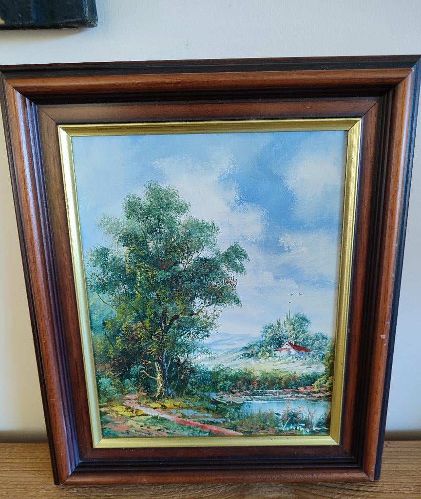 Huile sur toile. Paysage avec arbres, rivière,... Signé, Enlèvement ou Envoi