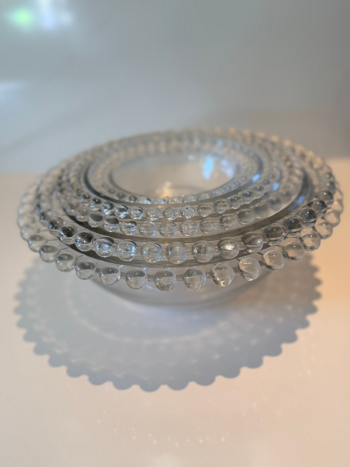 Complete 5-delige vintage glazen schalenset met parelrand, Ophalen, Glas