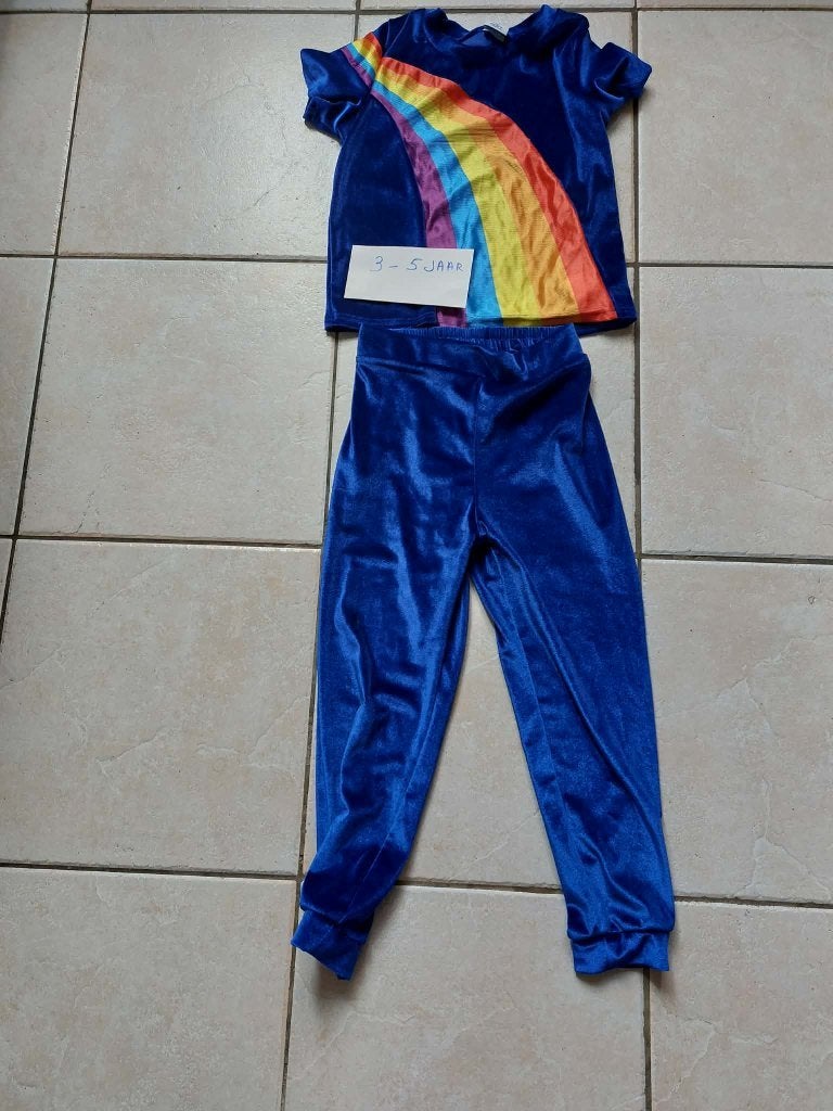 K3 verkleedkleding - verkleedpak regenboog blauw 3/5 jaar, Ophalen, Zo goed als nieuw, Meisje