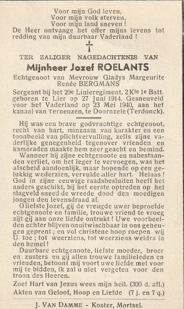 Gesneuvelde 1940/45 Jozef Roelandts Lier Terneuzen, Collections, Images pieuses & Faire-part, Envoi