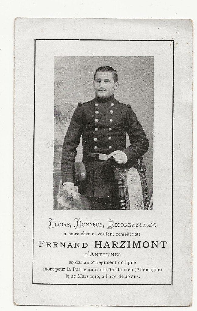 wo1 doodsprentje soldaat 5e linie foto harzimont, Verzamelen, Bidprentjes en Rouwkaarten, Ophalen of Verzenden, Bidprentje