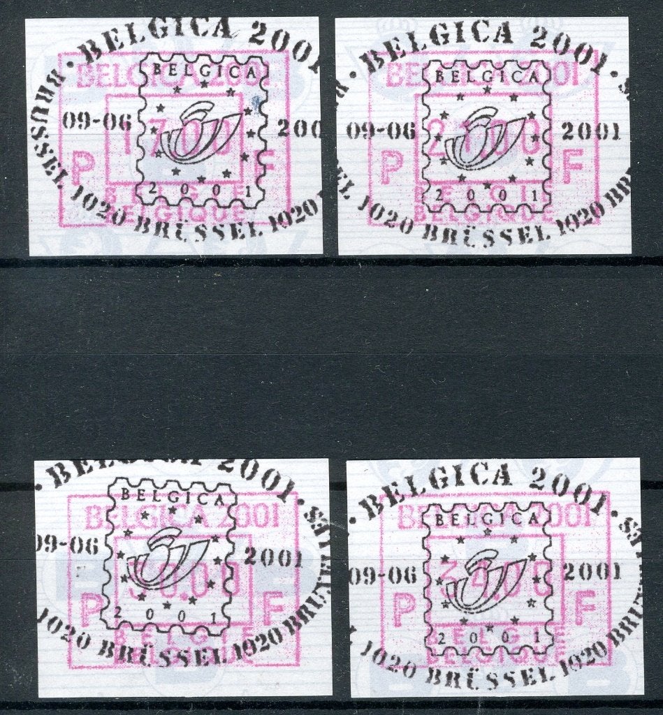 (B) ATM105 FDC 2001 - Belgica 2001 Set 17-21-30-34 BEF, Postzegels en Munten, Verzenden, Gestempeld, 1e dag stempel, Postfris