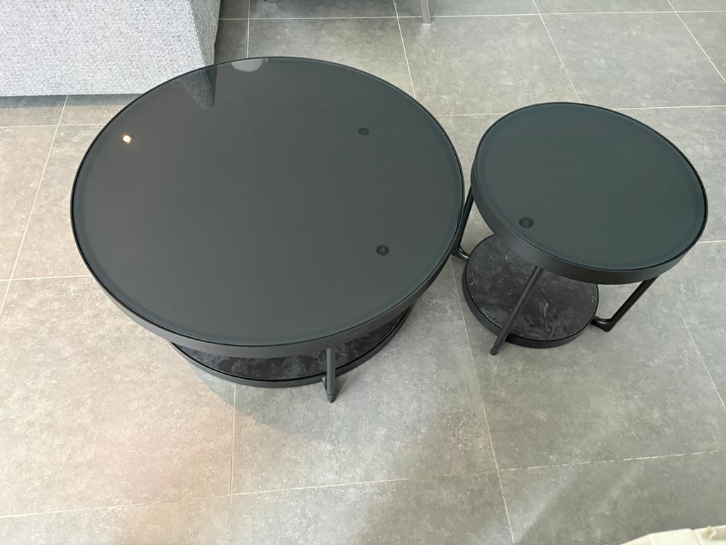 Salontafel + bijzettafel - zwart met glas en marmerlook, Ophalen, Gebruikt, Glas