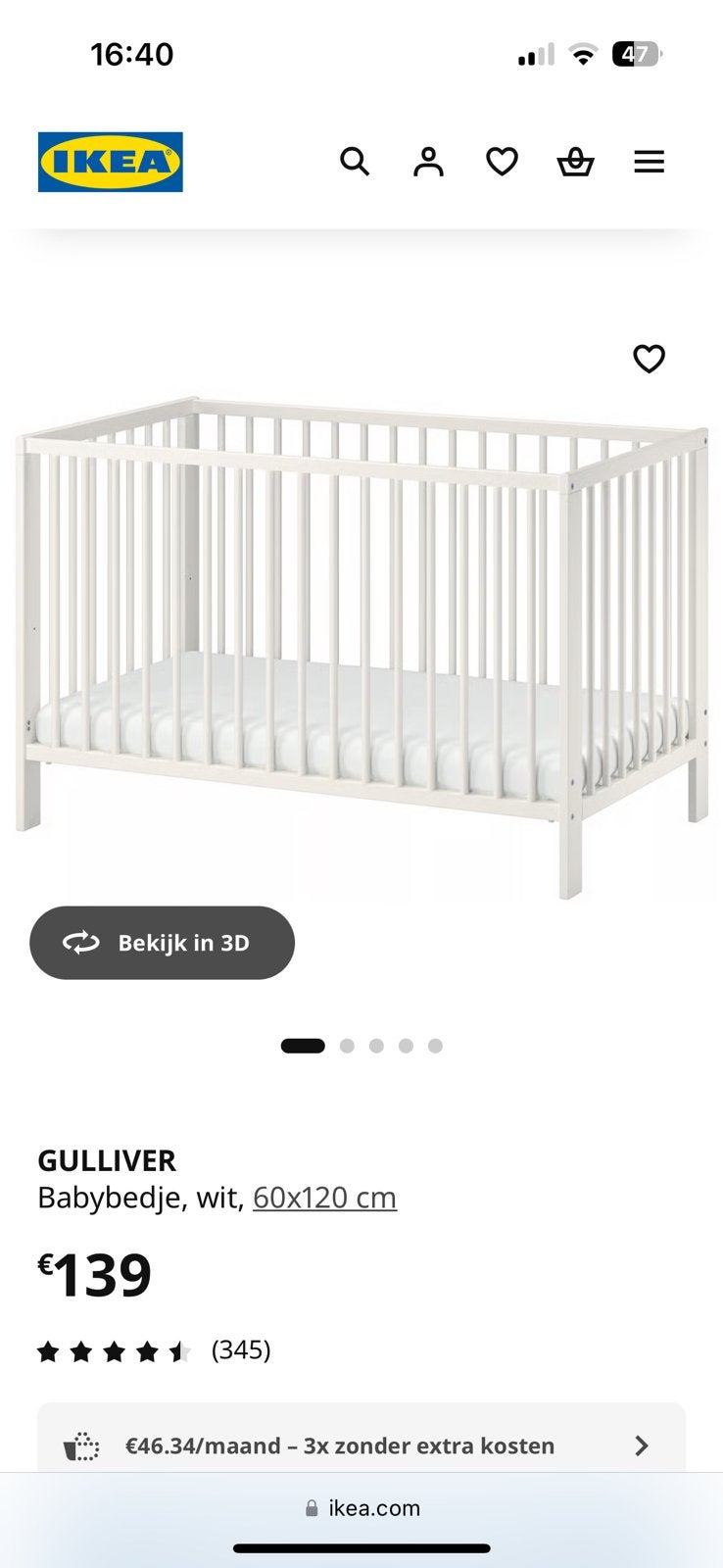 Babybed Ikea+ matras, Ophalen, Zo goed als nieuw, Matras
