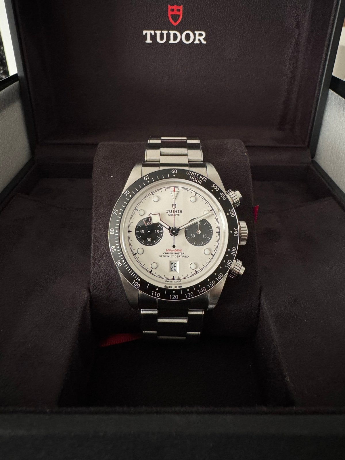 Tudor Black Bay Chrono Panda M79360N | Full Set, Handtassen en Accessoires, Horloges | Heren, Staal, Gebruikt, Polshorloge, Ophalen of Verzenden
