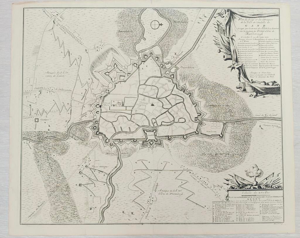 Antieke gravure Beleg van Gent 1708 groot formaat 62x52 cm, Antiek en Kunst, Ophalen of Verzenden, Landschap, Gravure