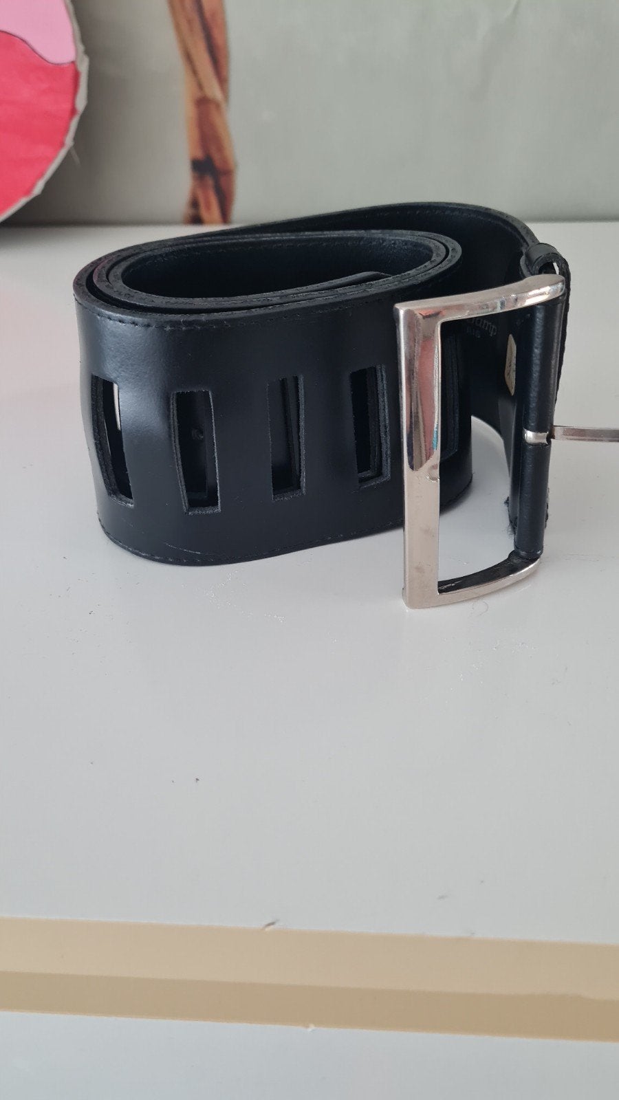 Ceinture cuir noir ajourée Richard Gampel Paris T80, Enlèvement ou Envoi, Noir, Ceinture