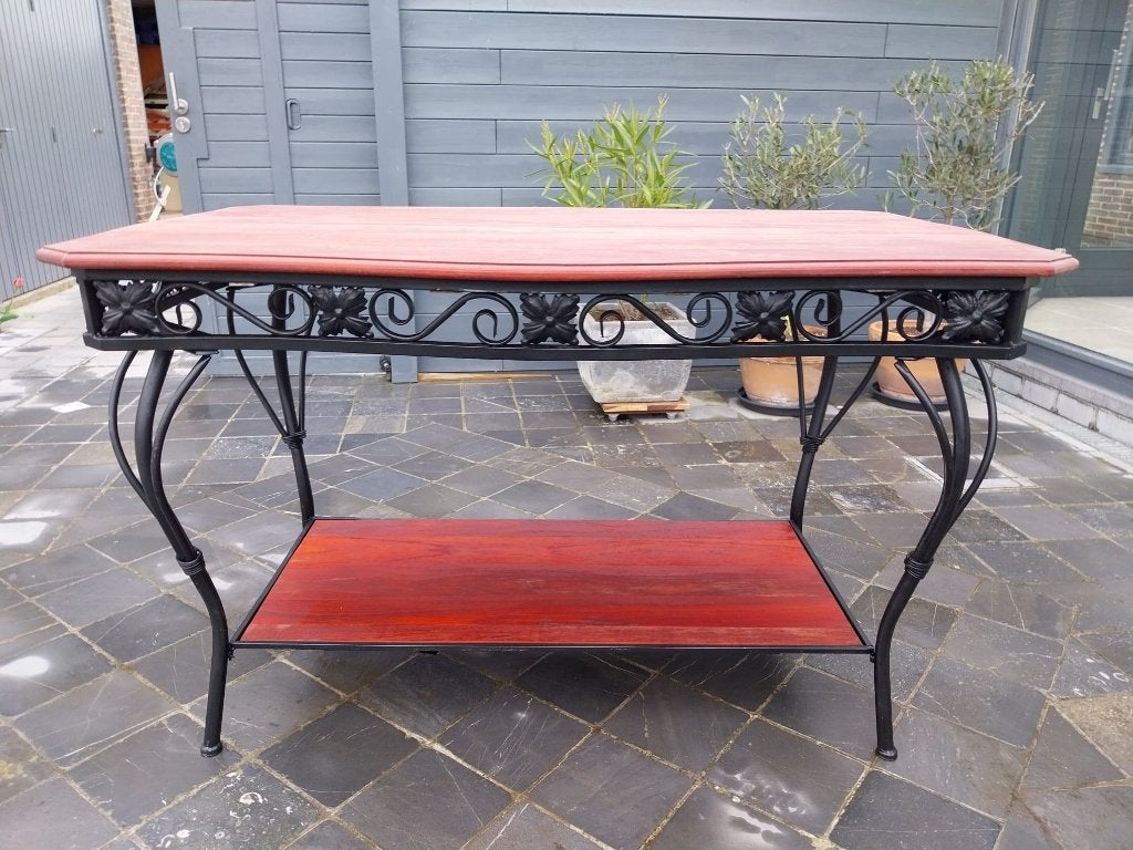 buitentafel padoek, Jardin & Terrasse, Tables de jardin, Enlèvement, Comme neuf, Rectangulaire, Bois