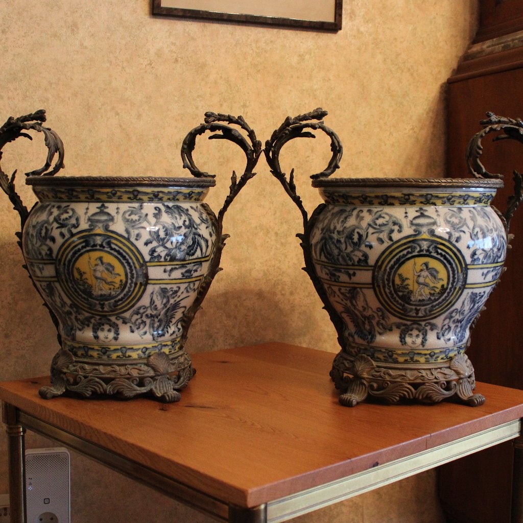 Paar Vintage Porseleinen Urnen met Bronzen Montuur, Ophalen of Verzenden, Brons