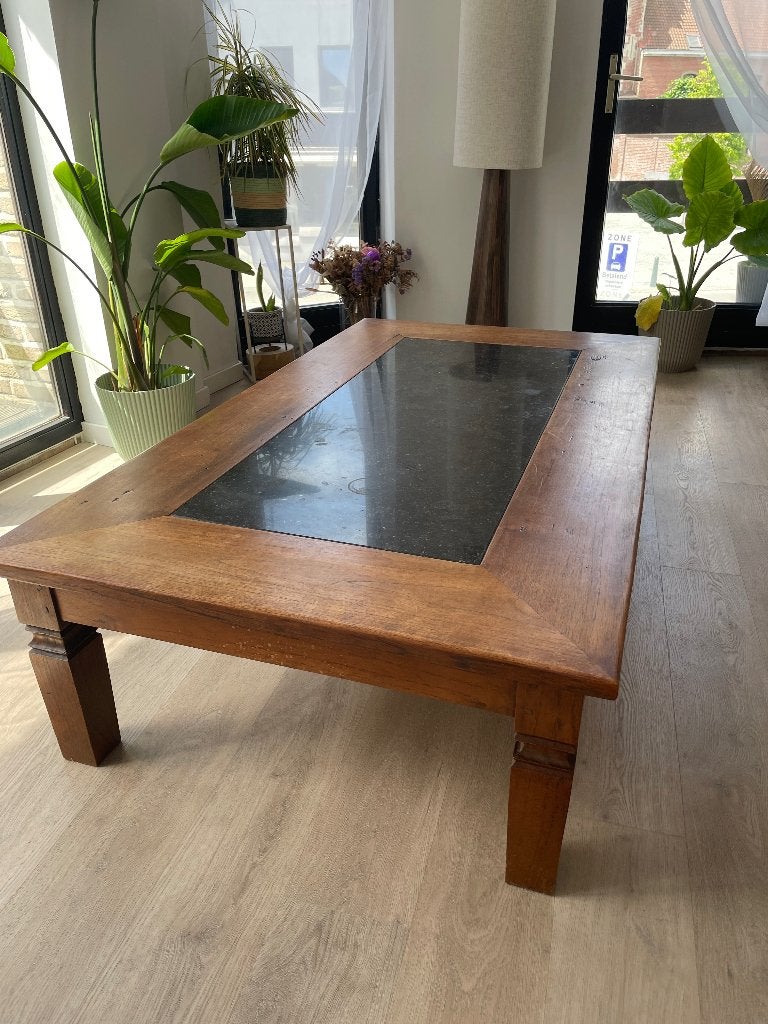 Table basse en bois massif et pierre naturelle – 160 x 90 cm, 150 à 200 cm, Moins de 50 cm, Enlèvement, Utilisé
